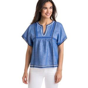 Vineyard Vines Geo Embroidered Blue Chambray Top